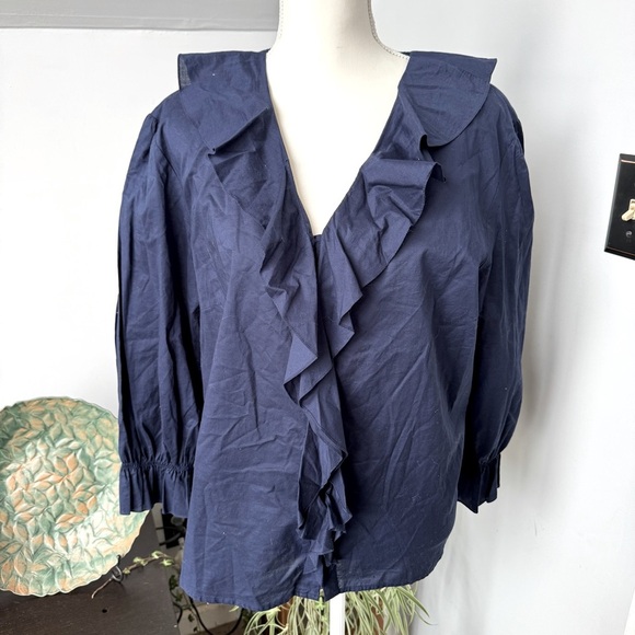 Lauren Ralph Lauren Navy Ruffle Collar Pearl Button Cotton Blouse size 2XL‎ - Picture 1 of 5